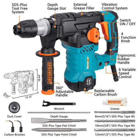 Image of 1-1/4 Inch SDS-Plus Rotary Hammer Drill With Vibration Control And Safety Clutch, showing detailed features and accessories.