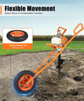 Gas Powered Post Hole Digger With Wheelbarrow Design in use on terrain, showcasing quality rubber tire for stability and easy movement.