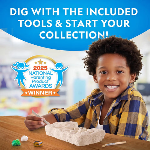 Child excavating gemstones from Dig Up 10 Real Gemstones Like A Boss Geologist With This Kid Friendly Gemstone Dig Kit at table.