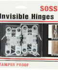 Packaging of SOSS 204CUS26D Mortise Mount Invisible Hinges in zinc satin chrome with wood screws, for flush or overlay installations.