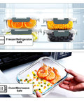 10 Pack Glass Meal Prep Containers With Airtight Lids, visible in fridge with fruits and in microwave with shrimp dish