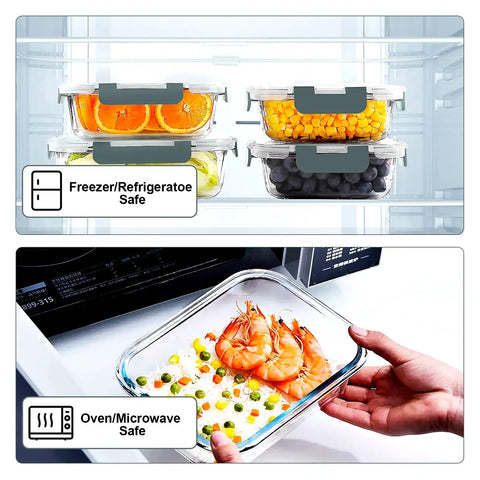 10 Pack Glass Meal Prep Containers With Airtight Lids, visible in fridge with fruits and in microwave with shrimp dish