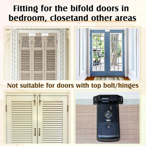 Two Piece Bifold Door Lock Kit For Kid Safe Closets And Pantries Double Door Childproof Lock For Folding Doors Stainless Steel White Finish Easy To Install Fits Most Bifold Cabinets And Pantry Doors shown on variety of doors, not suitable for top bolt hinges.