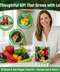 Woman holding 15 Sweet And Hot Pepper Seeds Variety Pack Non GMO Heirloom Garden Seeds For Survival Gardeners