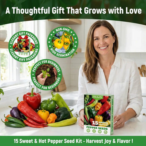 Woman holding 15 Sweet And Hot Pepper Seeds Variety Pack Non GMO Heirloom Garden Seeds For Survival Gardeners