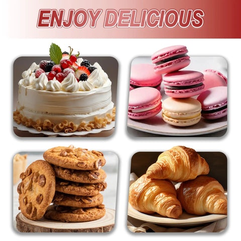 Collage of assorted desserts: cake with fruit, macarons, chocolate chip cookies, and croissants with 'Enjoy Delicious' text above.