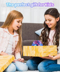 Two children excitedly open a gift box revealing a 3D Printed Gear Sphere Fidget Toy For Sensory Stress Relief And Chill, deep purple, 2.6 inches.