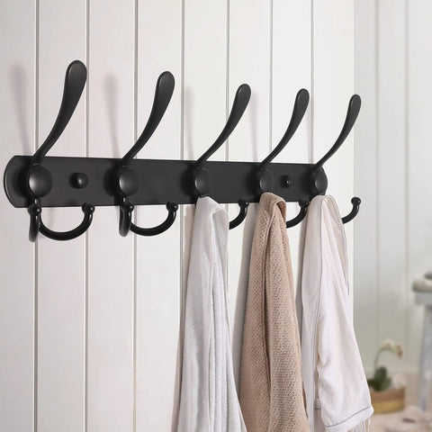 Wall Mount Coat Rack With Five Tri Hooks Tough As Nails Built To Last Heavy Duty Stainless Steel Rail For Coats Hats Towels Purses Robes Mudroom Bathroom Entryway Black Finish 2 Pack holding towels