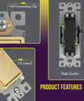 Gold 3 Way Decorator Paddle Light Switch DIY Friendly Single Pole Or Three Way, 3 Wire, Grounding Screw, UL Listed features