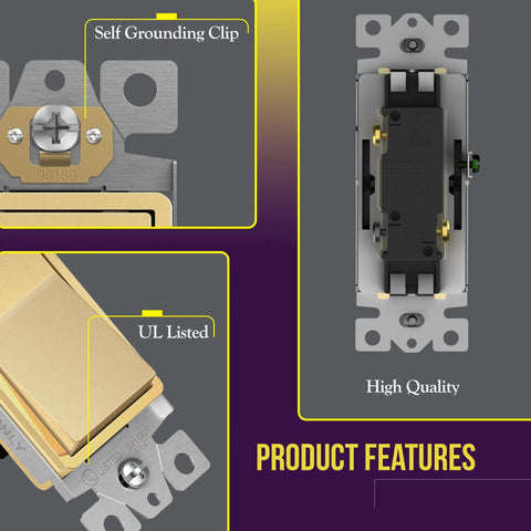 Gold 3 Way Decorator Paddle Light Switch DIY Friendly Single Pole Or Three Way, 3 Wire, Grounding Screw, UL Listed features