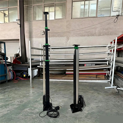 Built Different Heavy Duty Multi Stage Aluminum Telescopic Mast With Plug And Play Electric Lift and Backup Hand Crank for Satellite Antennas and Outdoor Comms Gear Up To Nine Meters in workshop.
