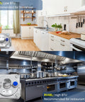 Maxitrol RV48L gas pressure regulator with blue knob; 3/4 in NPT, CSA certified, shown in home and restaurant kitchens.