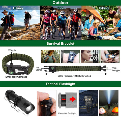 Outdoor activities showcasing Dope 28 In 1 Survival Kit For Outdoor Lovers It Does It All Emergency Gear, including bracelet and flashlight