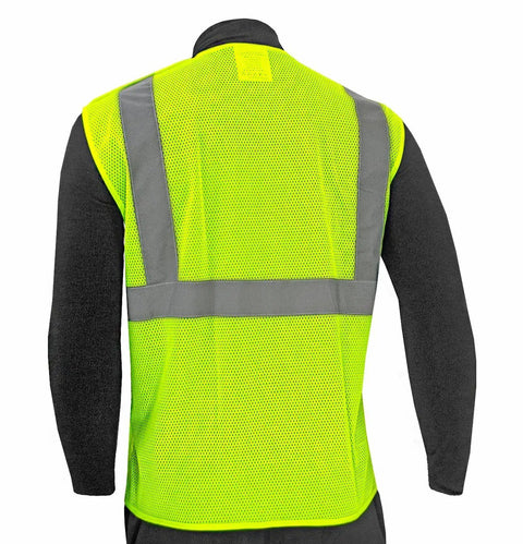 Kickass High Visibility Safety Vest Featuring Rock Solid Five Point Breakaway System Top Shelf Reflective Dry Mesh For Tough Job Sites No Sweat Adjustable Fit Road Crews SM back view with reflective stripes