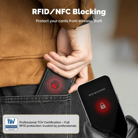 Person placing Go To Slim Pop Up Card Holder Wallet For Men With RFID Blocking into pocket, showcasing RFID security feature.