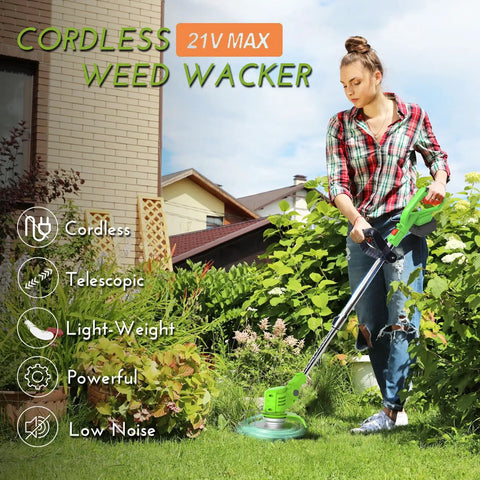Woman using Powerful Cordless Electric Weed Wacker With Battery Power 3 In 1 Stringless Grass Trimmer in garden