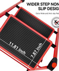 Close-up of Two Step Folding Ladder With Wide Anti Slip Pedals And Handrails showing measurements, red with black steps.