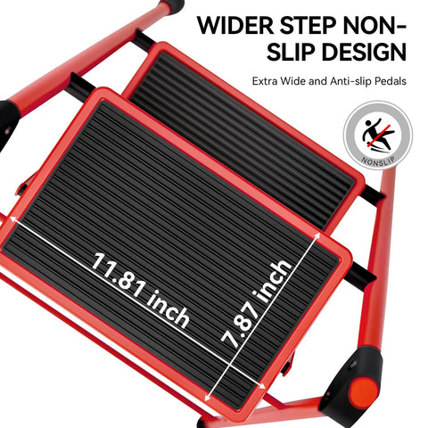 Close-up of Two Step Folding Ladder With Wide Anti Slip Pedals And Handrails showing measurements, red with black steps.