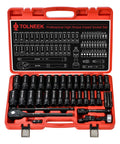 63 Piece One Half Inch Drive Impact Socket Set With SAE Three Eighths Inch To One Inch And Metric Ten To Twenty Four Millimeters Plus Extension Bars And Palm Ratchet Kit For Auto And Industrial Repairs Built To Last And Ready For Heavy Duty Jobs