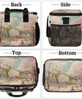 Insulated Picnic Backpack For Everyday Lunch On The Go with four views showing floral design, mesh sides, and sturdy straps
