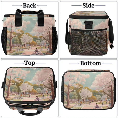 Insulated Picnic Backpack For Everyday Lunch On The Go with four views showing floral design, mesh sides, and sturdy straps
