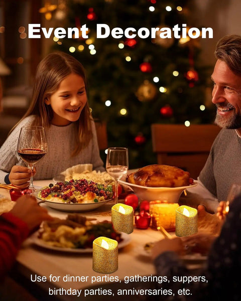 Family enjoying dinner with Gold Flameless Votive Candles 24 Pack Battery Operated LED Tea Lights For Wedding Centerpieces And Home Decor