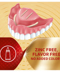 Illustration of denture with adhesive, "Zinc Free, Flavor Free, No Added Colors" text, related to Power Max Hold Denture Adhesive Cream for Super Strong Hold and Food Seal Flavor Free 2.2 Oz Tubes Pack of 4 Clinically Proven for All Day Confidence Now.