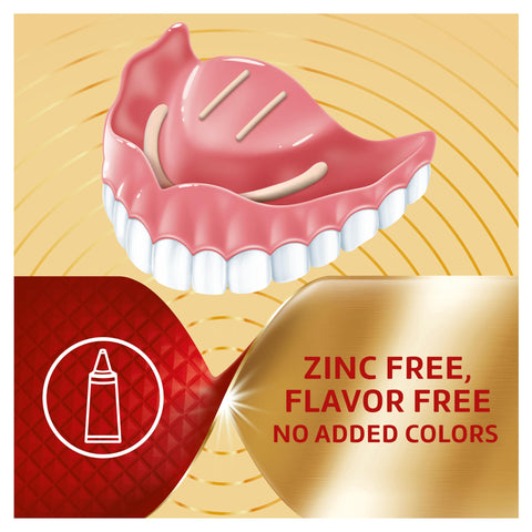 Illustration of denture with adhesive, "Zinc Free, Flavor Free, No Added Colors" text, related to Power Max Hold Denture Adhesive Cream for Super Strong Hold and Food Seal Flavor Free 2.2 Oz Tubes Pack of 4 Clinically Proven for All Day Confidence Now.