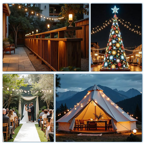 Images featuring 170Ft String Light Hanging Kit With Heavy Duty 304 Stainless Steel Cable And Vinyl Coated Wire Rope, Turnbuckles, Hooks, Clamps, Pad Eyes For All In One Outdoor Suspension System For Patio Garden Globe And Cafe Lights.