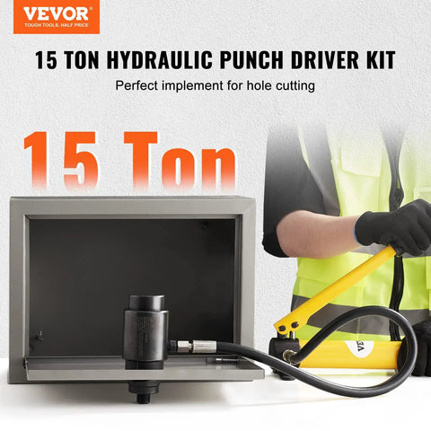 15 Ton Hydraulic Knockout Punch Kit With 10 Punches And Dies, including tool setup and hydraulic pump