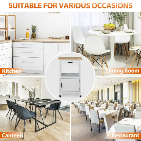 Smooth Rolling Kitchen Island Cart With Heavy Duty Casters And Solid Wood Top, White Mobile Coffee Bar And Microwave Stand For Dining Rooms, showing kitchen, dining room, canteen, and restaurant settings.