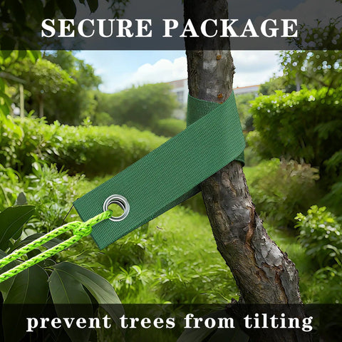 Beefy Heavy Duty Tree Stakes And Leaning Tree Support Kit securing a tree, showing green strap and nylon rope support in garden.