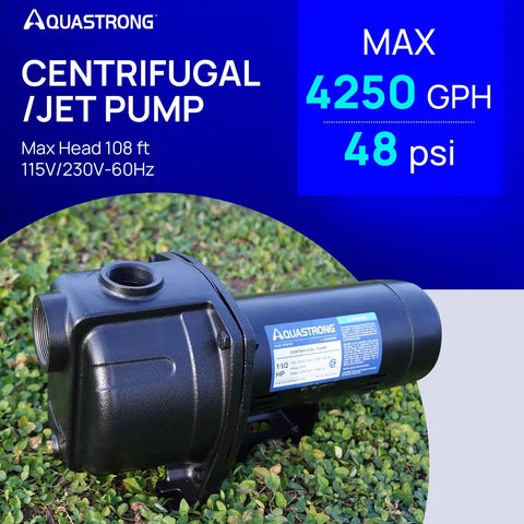 High Flow 1.5 HP Shallow Well Jet And Centrifugal Pump For Lawn Sprinklers And Garden Irrigation, 4250 GPH, 108 Feet Max Head