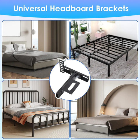 Built Tough Adjustable Headboard Brackets For Metal Bed Frames With Full Hardware Kit And Leg Extenders For No Sweat Setup and Rock Solid Grip You Truly Need shown with various bed frames.