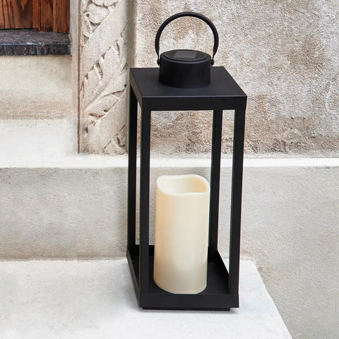 Extra Large Dope Outdoor Solar Lantern With Realistic LED Candle Waterproof 18 Inch Front Porch Decor in black metal frame