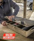 Man with Divided Ammo Crate Utility Box With Seven Compartments Water Resistant And Lockable Ammo Storage For 5.56 9mm 12 Gauge