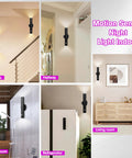 Indoor settings with Battery Powered Wall Sconce Dual Pack With Motion Sensor, Black Finish, in stairway, hallway, bathroom, and living room