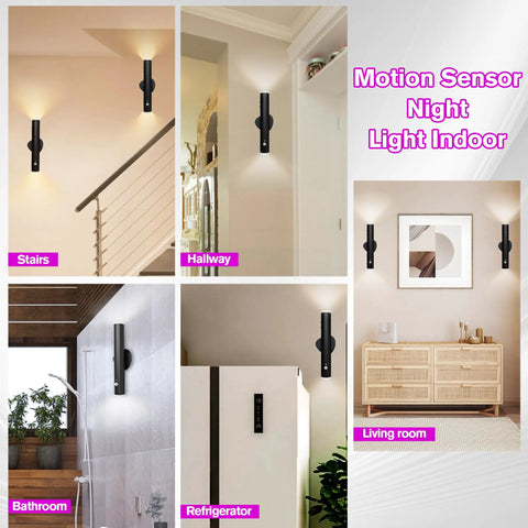 Indoor settings with Battery Powered Wall Sconce Dual Pack With Motion Sensor, Black Finish, in stairway, hallway, bathroom, and living room