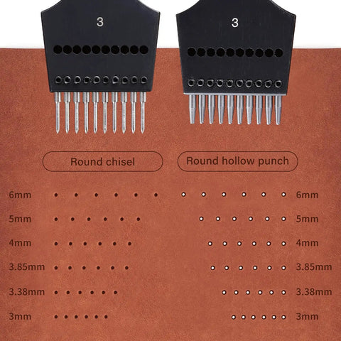 2nd Generation Leather Hole Punch Kit With Removable Circle Punch For Lacing And Stitching, showing 6 sizes of round holes on leather