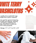 Heavy Duty Terry Cloth Rags For Cleaning, Absorbent Quick Dry Bar Mops, Washable Cotton Blend Wipes, Multi Purpose Rags For Kitchen, Auto Shop And Garage, 5 Lb White Pack For Messes Of Any Size shown with text and cleaning examples