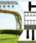 Square Tube Garden Arch Trellis For Climbing Plants Outdoor Metal Arbor Black 126 Inch Wide 98 Inch High With Roses and Detail Views