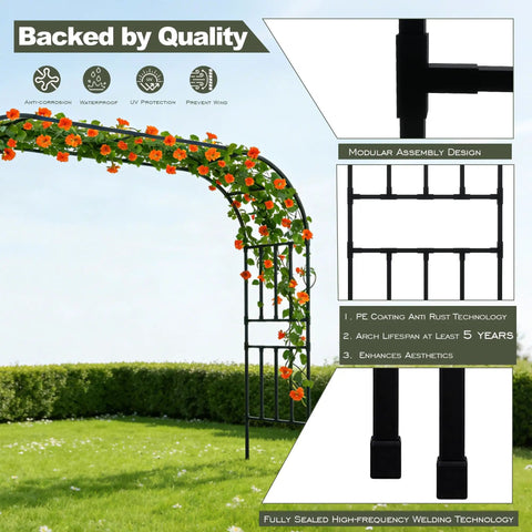 Square Tube Garden Arch Trellis For Climbing Plants Outdoor Metal Arbor Black 126 Inch Wide 98 Inch High With Roses and Detail Views