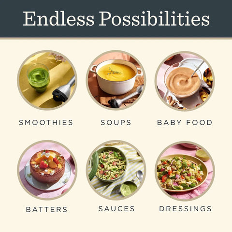 Hella Powerful Immersion Blender With Five Speed Settings And A 625-Watt Motor That Handles Whole Foods And Creates Creamy Soups Smoothies And Baby Food In Sleek Stainless Steel Finish showcased with smoothies, soups, dressings, and batters.