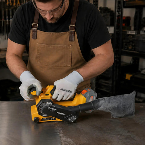 Badass Cordless Brushless Belt Sander With Six Variable Speed Settings and Raw Grip in use on metal surface by a worker.