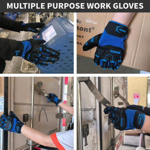 Anti-Vibration Work Gloves For Men With Cut-Resistant Safety Impact, Heavy Duty TPR Back Of Hand Protection, Blue and Black