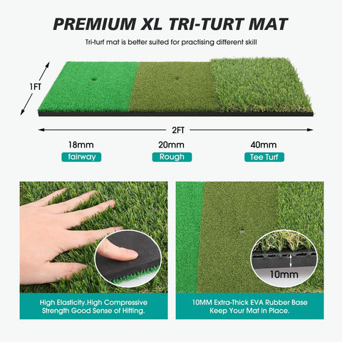 Premium XL tri-turf mat with measurements, high elasticity and EVA rubber for 10x7ft Golf Practice Net With Tri Turf Mat And Real Balls Multi Target Chipping Area For Backyard Swing Practice Pro Grade Durable Portable Net System For Accuracy Reusable Practice Balls Included.