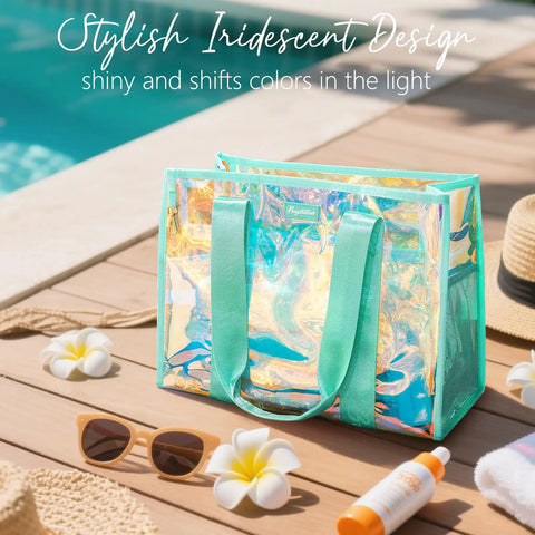3-In-1 Iridescent Clear Beach Tote Set With Zipper Waterproof Phone Pouch And Makeup Bag for Women by the pool