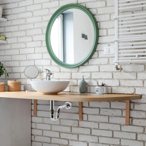 Bathroom with exposed High Box Flange P Trap for Sink Drain in Polished Nickel Standard One And A Half Inch Connection