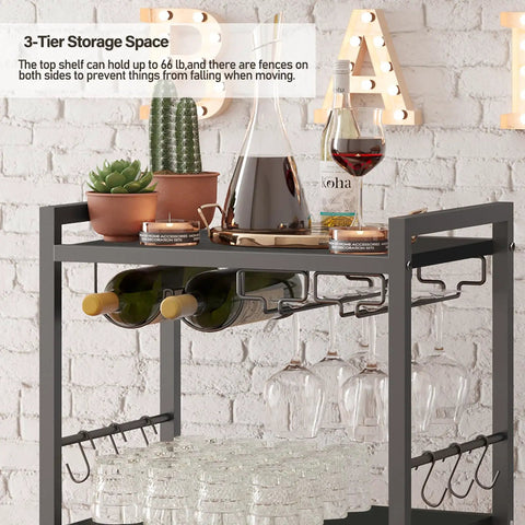 Mobile Bar Cart On Wheels For Home Use, Rolling Beverage Cart With Wine Rack And Glass Holder, Microwave Stand And Kitchen Island, Perfect For Living Room Or Kitchen, Black Finish.