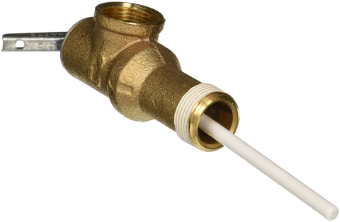 Brass Rheem SP8346 T&P relief valve with 3/4 in NPT, test lever, and white discharge tube, for water heater installations
